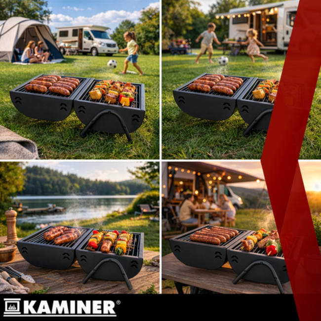 Kaminer Draagbare barbecue met deksel, 2 roosters en thermometer 36,5 x 28 x 41,5 cm