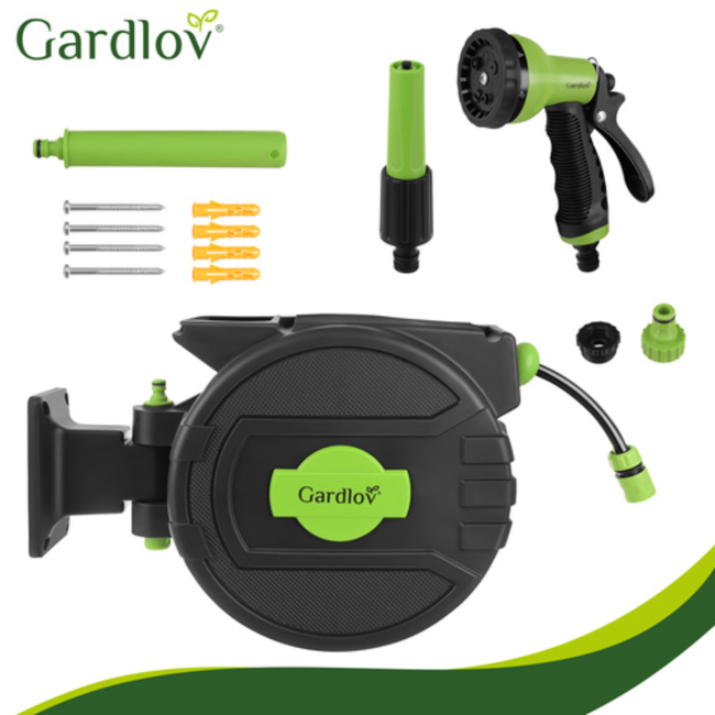 Gardlov Automatische wandslanghaspel 20 m zwart groen met 7 standen sproeipistool