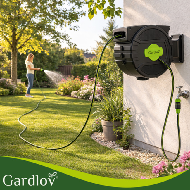 Gardlov Automatische wandslanghaspel 20 m zwart groen met 7 standen sproeipistool