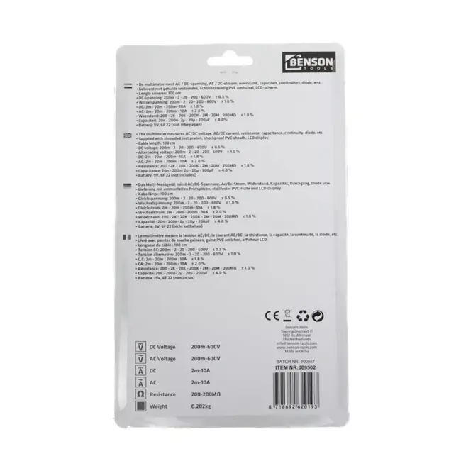 Benson Rode digitale multimeter met LCD scherm en meetbereik tot 1000 V en 20 A