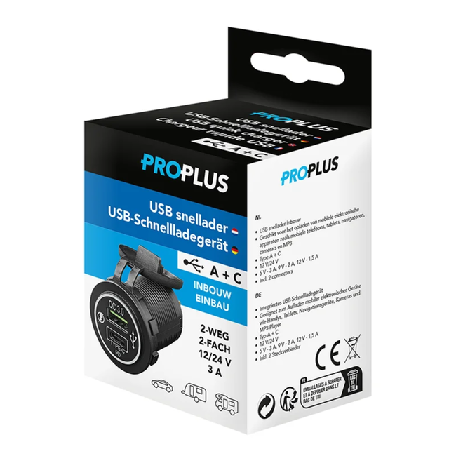 ProPlus Dual USB autolader - 36W - water- en stofdicht - 12/24V - Type A + C