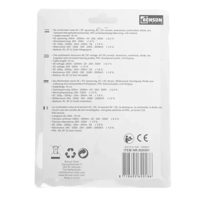 Benson Digitale multimeter - 19 meetbereiken - Universeel - Compact - Zonder batterij