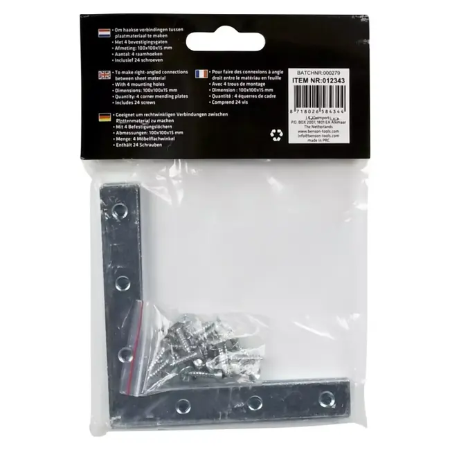Benson Raamhoek - Verzinkt IJzer - Inclusief Schroeven - 100 x 100 x 15 mm - 4 stuks