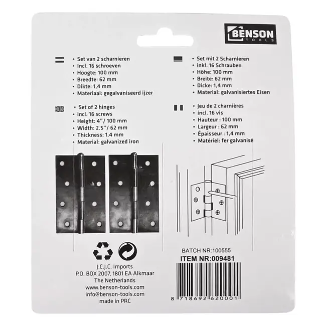 Benson Scharnier - 100 mm x 60 mm - 2-delig - Duurzaam en Sterk