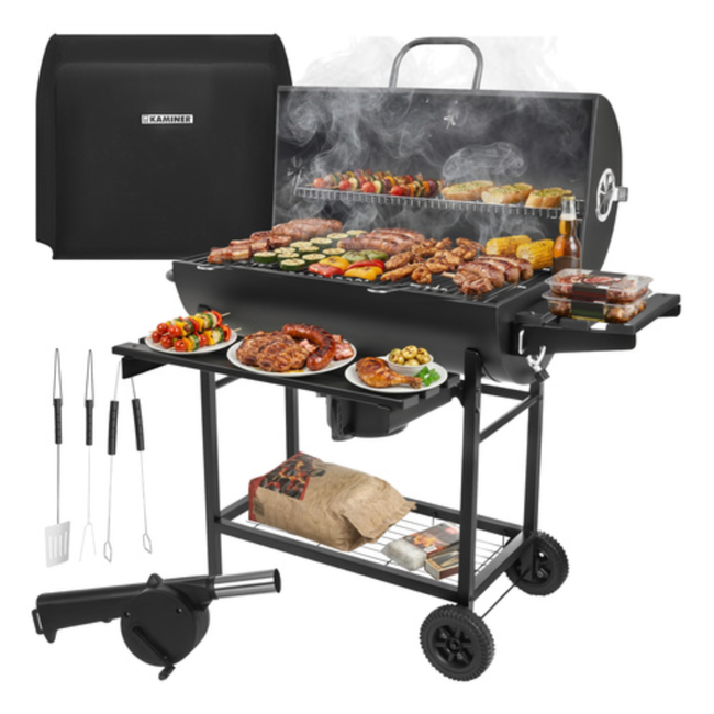 Kaminer Houtskoolbarbecue met deksel, thermometer, 108 x 67 x 96 cm voor tuin en terras
