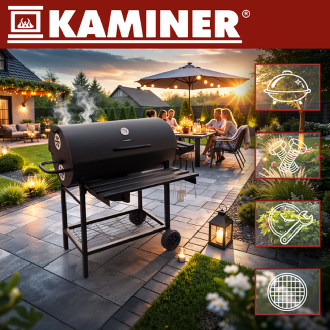 Kaminer Houtskoolbarbecue met deksel, thermometer, 108 x 67 x 96 cm voor tuin en terras