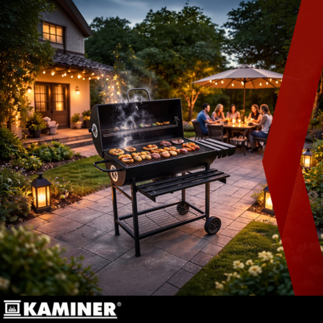 Kaminer Houtskoolbarbecue met deksel, thermometer, 108 x 67 x 96 cm voor tuin en terras