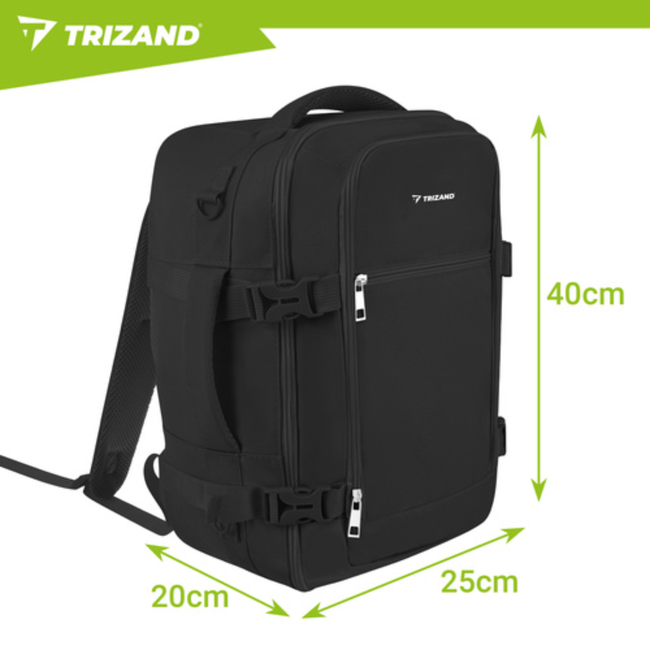Trizand Zwarte handbagage rugzak 40 x 25 x 20 cm met 7 vakken en kofferbevestiging