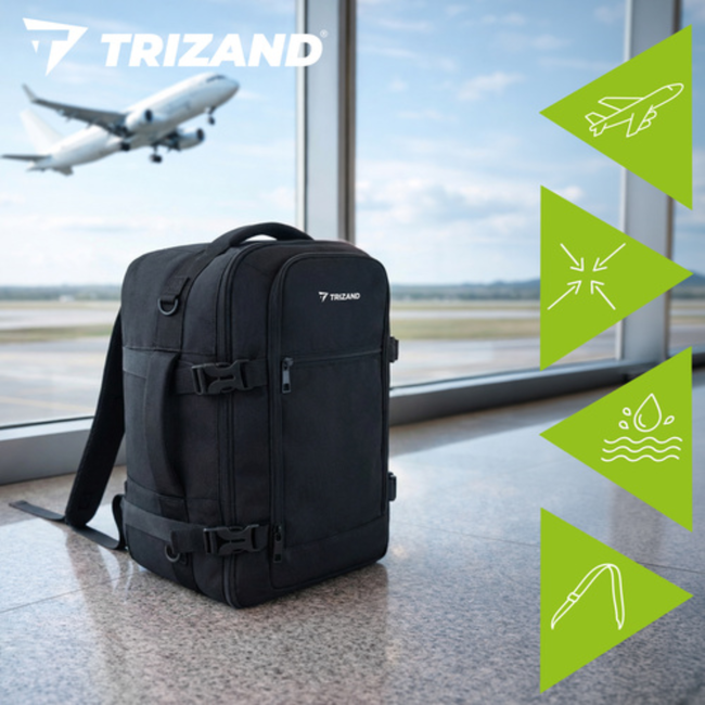 Trizand Zwarte handbagage rugzak 40 x 25 x 20 cm met 7 vakken en kofferbevestiging