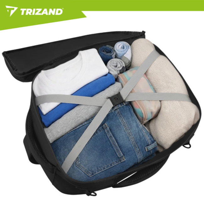 Trizand Zwarte handbagage rugzak 40 x 25 x 20 cm met 7 vakken en kofferbevestiging