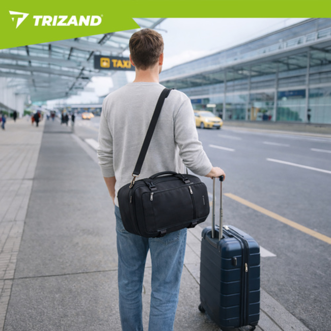 Trizand Zwarte handbagage rugzak 40 x 25 x 20 cm met 7 vakken en kofferbevestiging