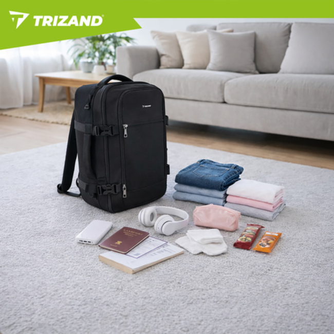 Trizand Zwarte handbagage rugzak 40 x 25 x 20 cm met 7 vakken en kofferbevestiging