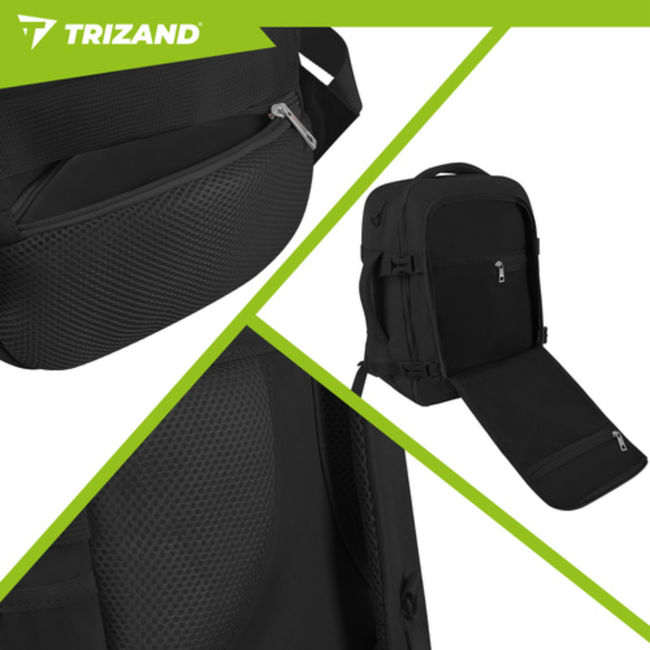 Trizand Zwarte handbagage rugzak 40 x 25 x 20 cm met 7 vakken en kofferbevestiging