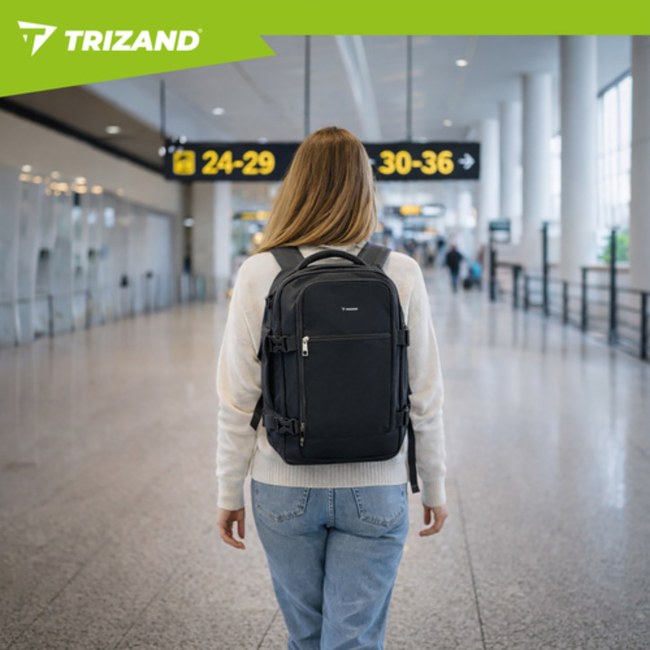 Trizand Zwarte handbagage rugzak 40 x 25 x 20 cm met 7 vakken en kofferbevestiging