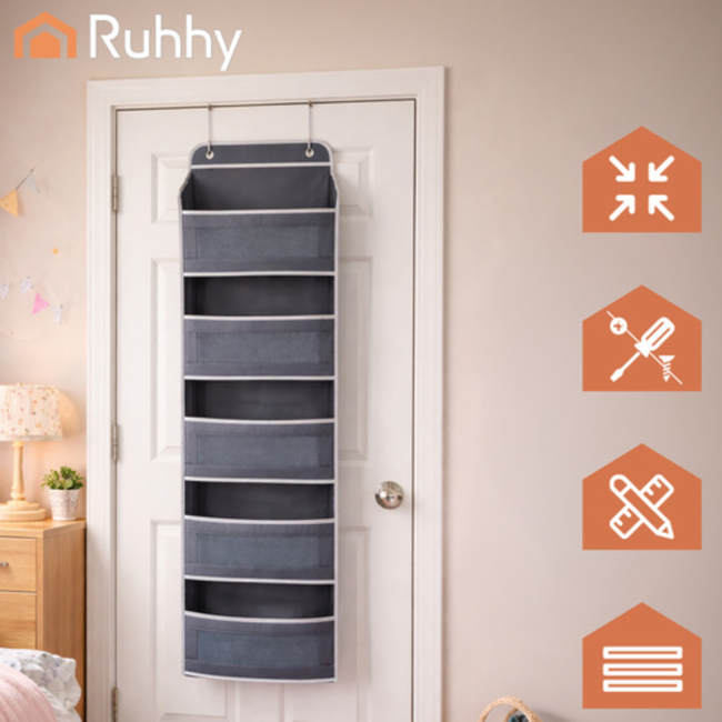 Ruhhy Deur organizer grijs wit 142 x 40 x 17 cm met 5 planken en extra vakken