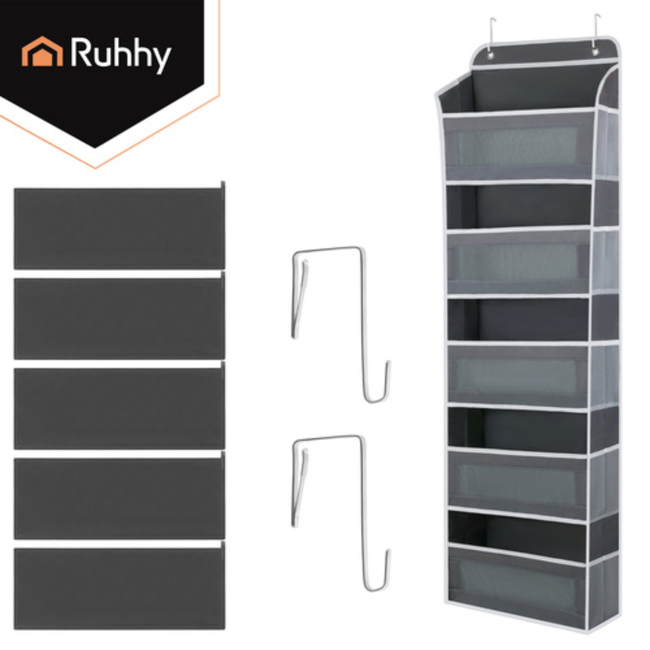 Ruhhy Deur organizer grijs wit 142 x 40 x 17 cm met 5 planken en extra vakken
