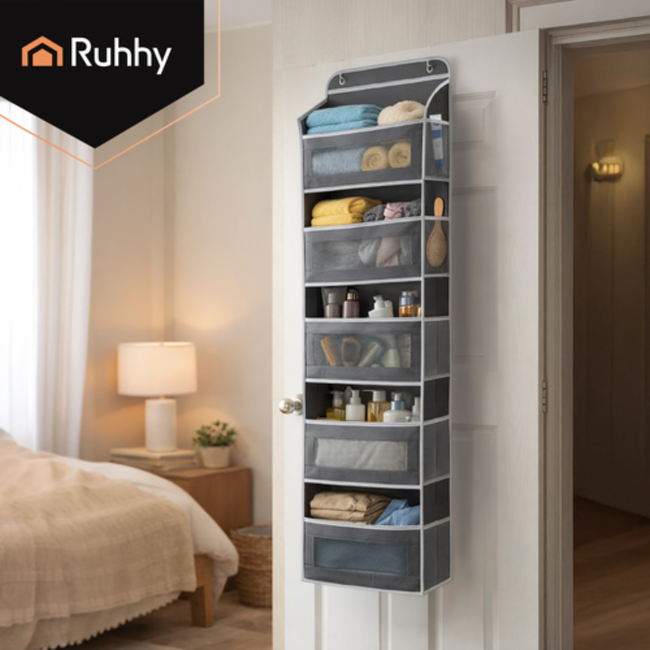 Ruhhy Deur organizer grijs wit 142 x 40 x 17 cm met 5 planken en extra vakken