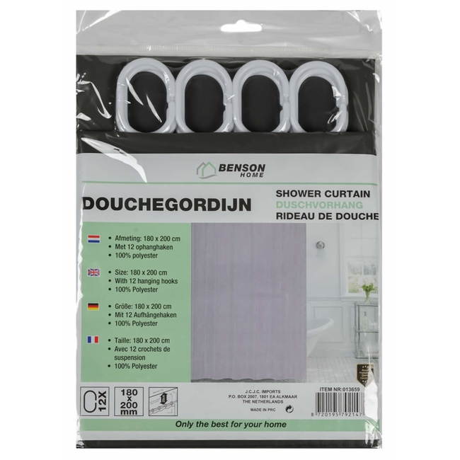 Benson Modern douchegordijn - waterafstotend polyester - grijs - 180 x 200 cm - inclusief 12 haken