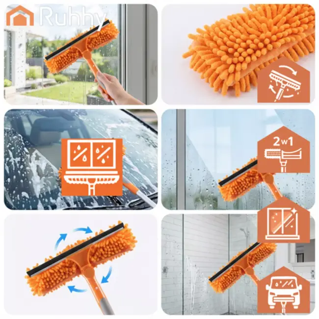 Ruhhy Telescopische raamwisser 1,8 m met 180° draaikop en microvezel hoezen voor streeploos resultaat