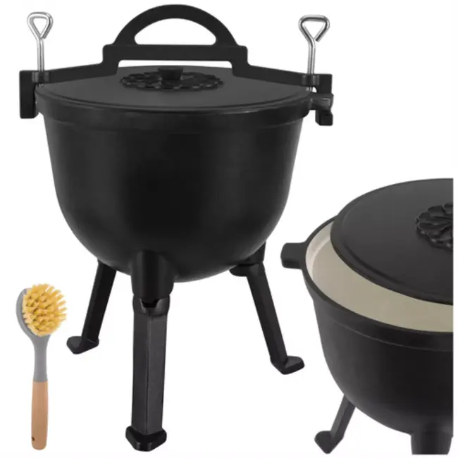 Kaminer Zwarte gietijzeren kookketel 10 liter met deksel en poten voor kampvuur en tuin