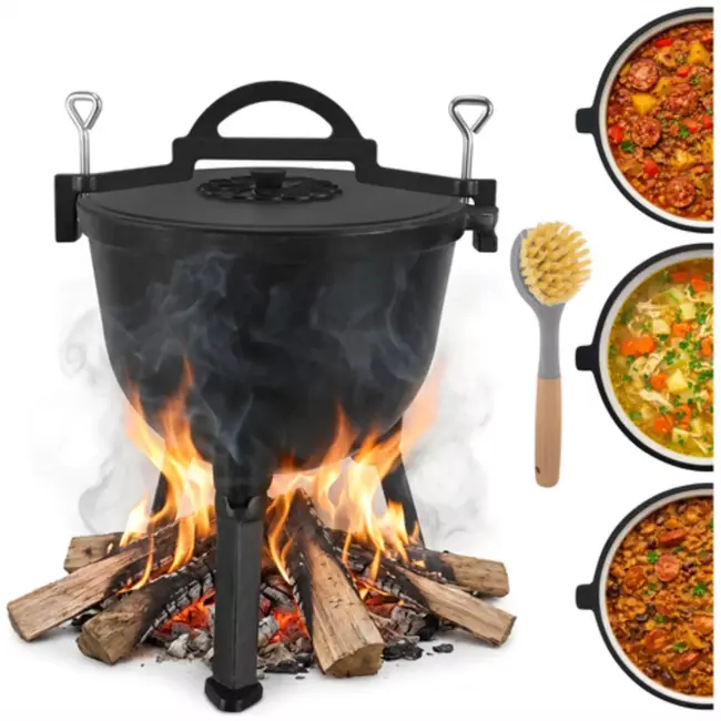 Kaminer Zwarte gietijzeren kookketel 10 liter met deksel en poten voor kampvuur en tuin