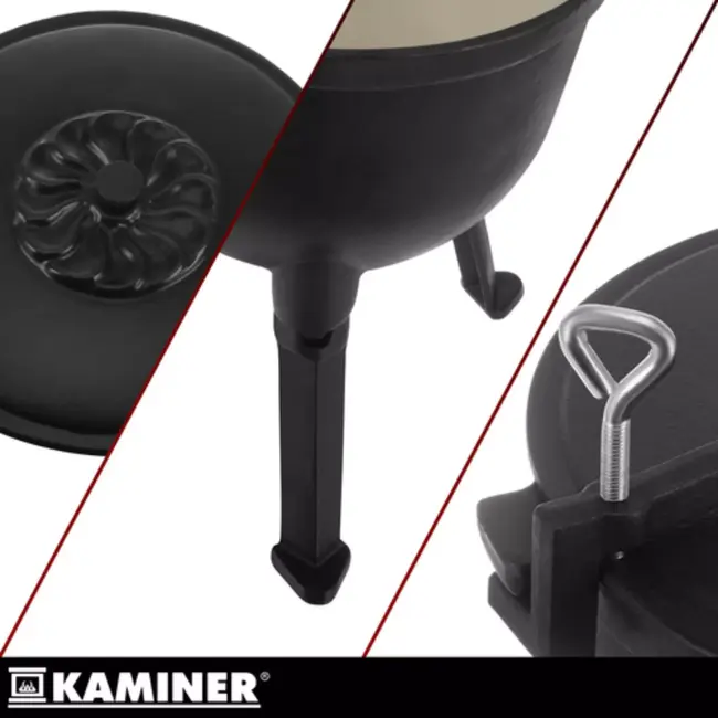 Kaminer Zwarte gietijzeren kookketel 10 liter met deksel en poten voor kampvuur en tuin