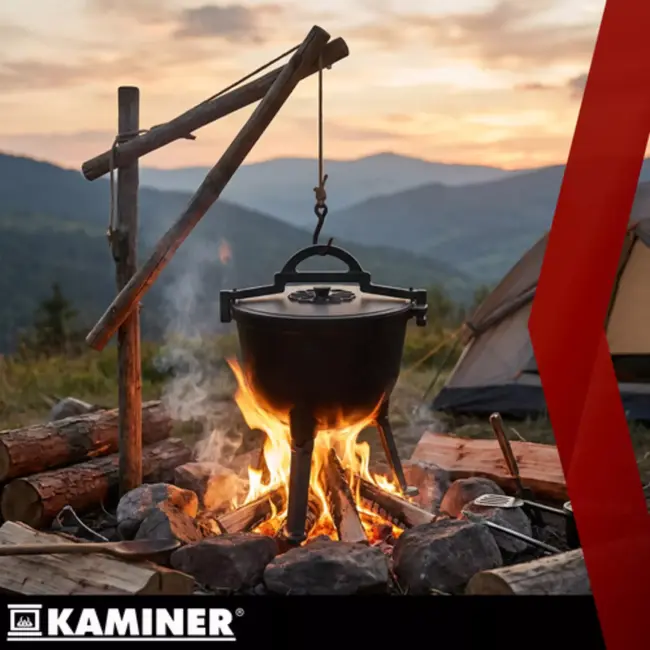 Kaminer Zwarte gietijzeren kookketel 10 liter met deksel en poten voor kampvuur en tuin