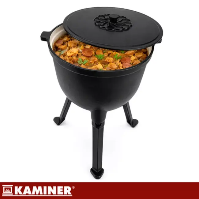 Kaminer Zwarte gietijzeren kookketel 10 liter met deksel en poten voor kampvuur en tuin