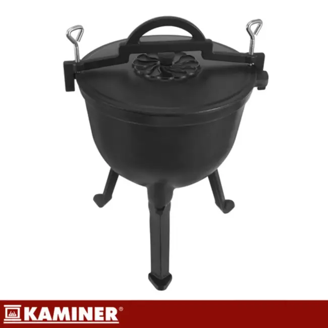 Kaminer Zwarte gietijzeren kookketel 10 liter met deksel en poten voor kampvuur en tuin