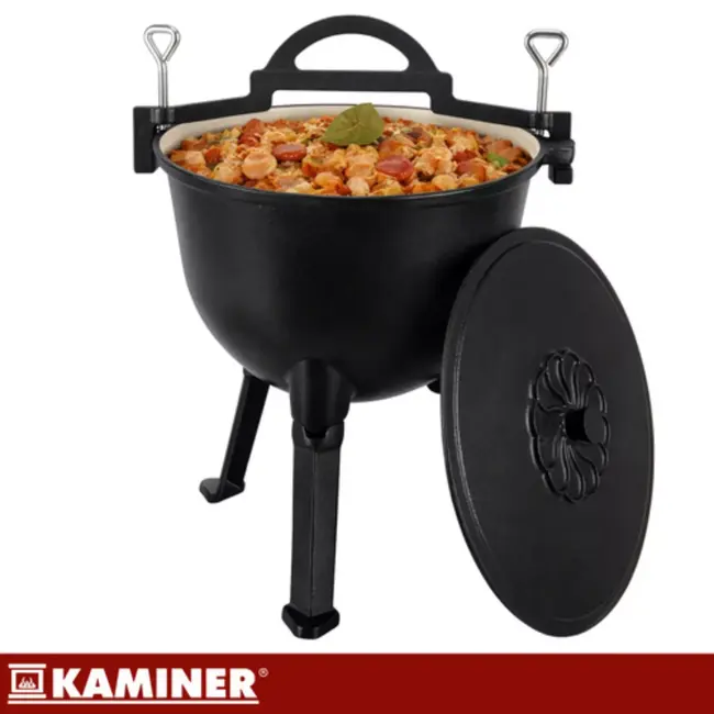 Kaminer Zwarte gietijzeren kookketel 10 liter met deksel en poten voor kampvuur en tuin