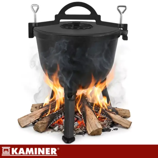 Kaminer Zwarte gietijzeren kookketel 10 liter met deksel en poten voor kampvuur en tuin