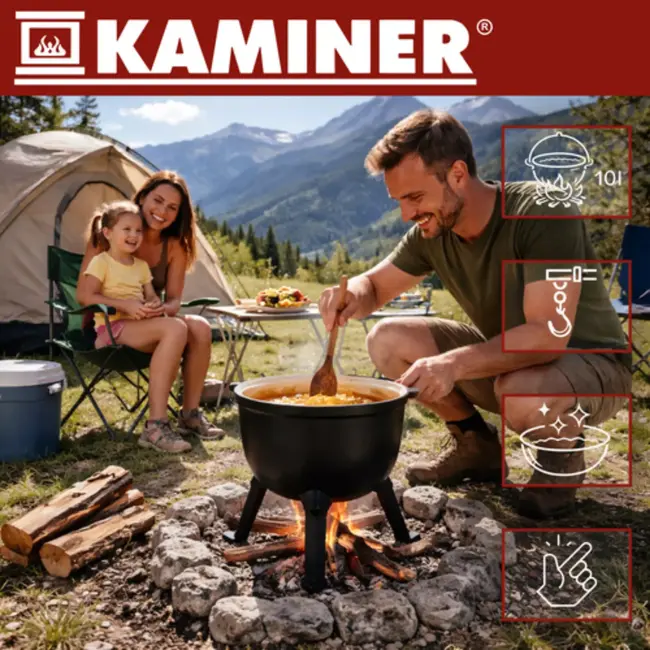 Kaminer Zwarte gietijzeren kookketel 10 liter met deksel en poten voor kampvuur en tuin