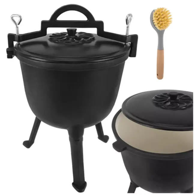 Kaminer Zwarte gietijzeren kookketel 8 liter met deksel en poten voor kampvuur en tuin