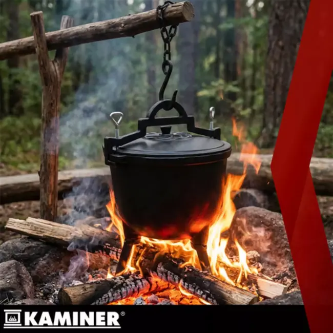 Kaminer Zwarte gietijzeren kookketel 8 liter met deksel en poten voor kampvuur en tuin