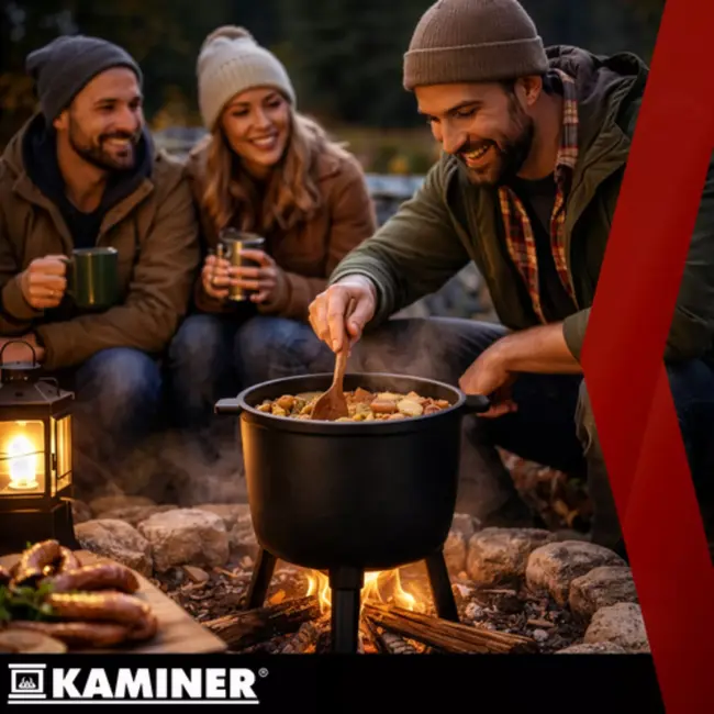 Kaminer Zwarte gietijzeren kookketel 8 liter met deksel en poten voor kampvuur en tuin