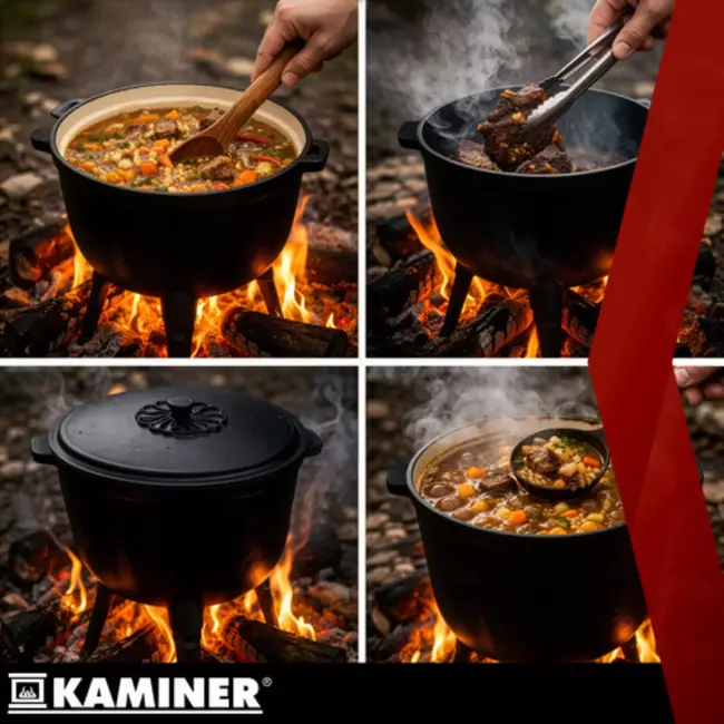 Kaminer Zwarte gietijzeren kookketel 8 liter met deksel en poten voor kampvuur en tuin