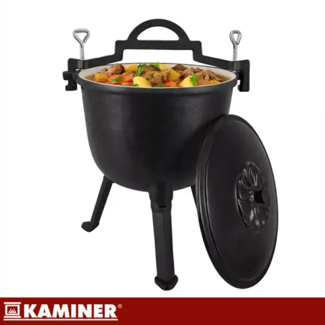 Kaminer Zwarte gietijzeren kookketel 8 liter met deksel en poten voor kampvuur en tuin