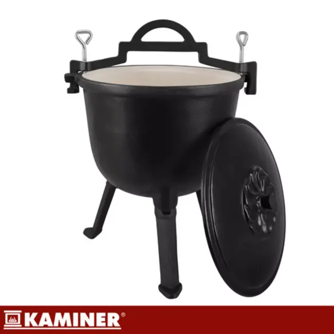 Kaminer Zwarte gietijzeren kookketel 8 liter met deksel en poten voor kampvuur en tuin
