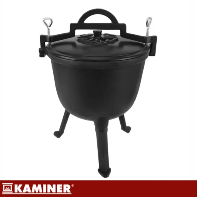 Kaminer Zwarte gietijzeren kookketel 8 liter met deksel en poten voor kampvuur en tuin