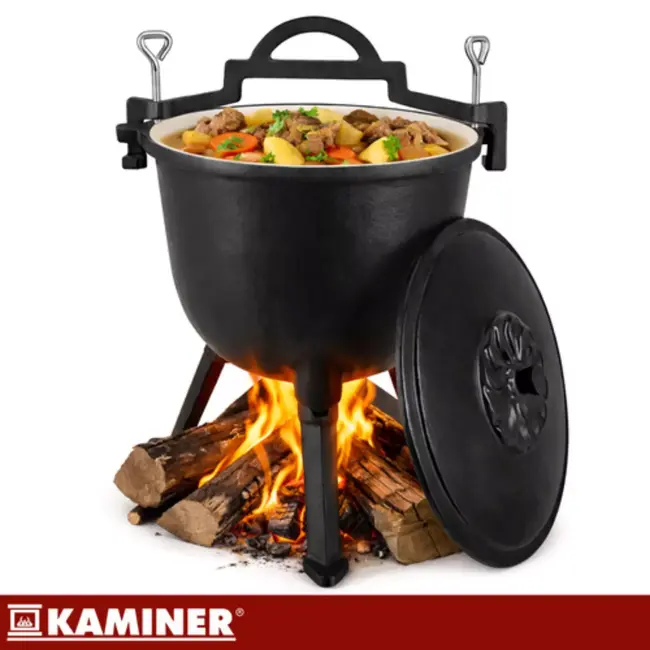 Kaminer Zwarte gietijzeren kookketel 8 liter met deksel en poten voor kampvuur en tuin