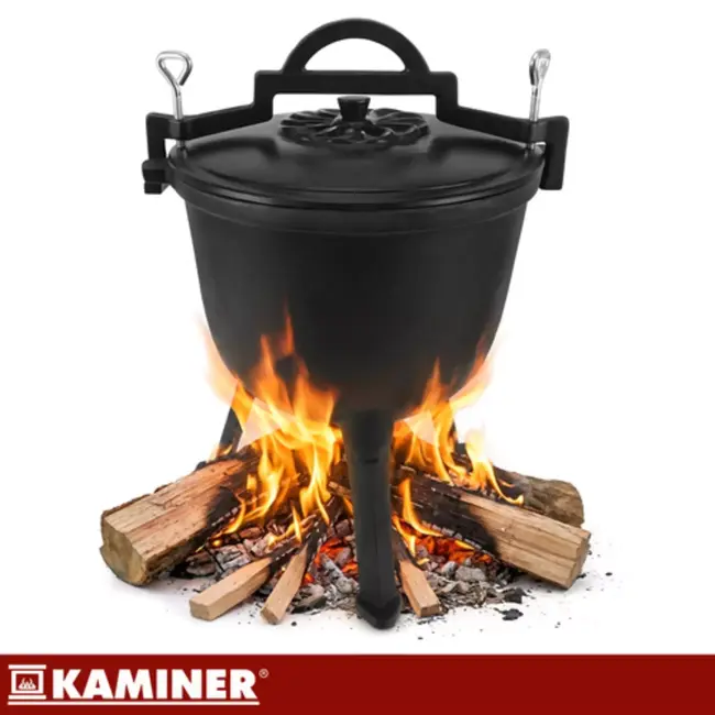 Kaminer Zwarte gietijzeren kookketel 8 liter met deksel en poten voor kampvuur en tuin