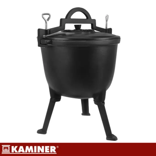 Kaminer Zwarte gietijzeren kookketel 8 liter met deksel en poten voor kampvuur en tuin
