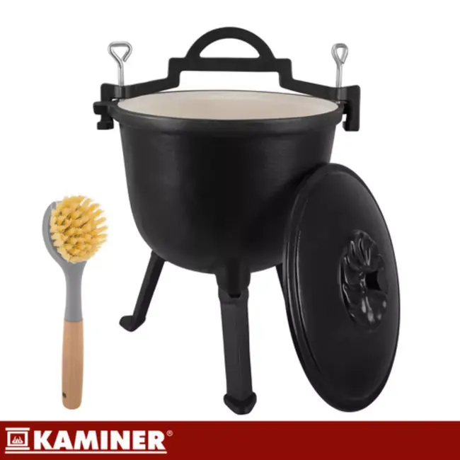 Kaminer Zwarte gietijzeren kookketel 8 liter met deksel en poten voor kampvuur en tuin