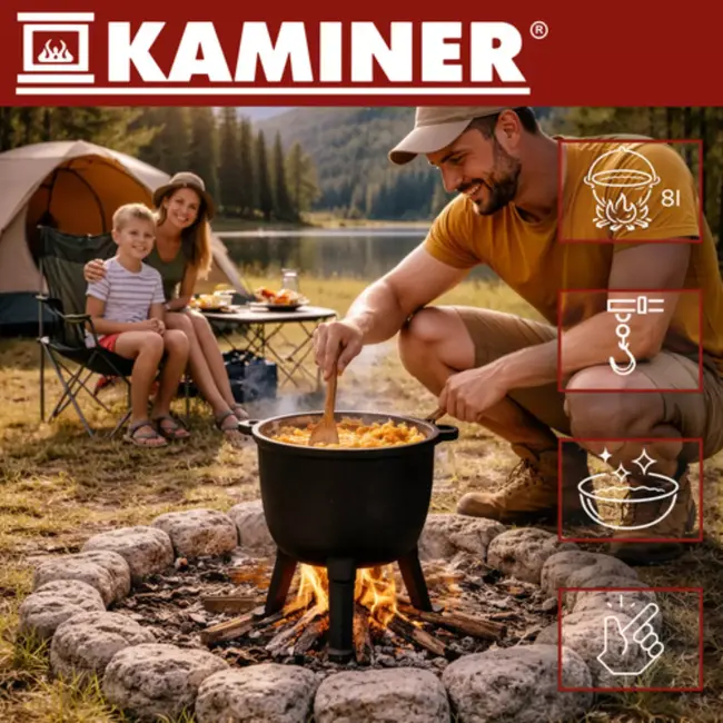 Kaminer Zwarte gietijzeren kookketel 8 liter met deksel en poten voor kampvuur en tuin