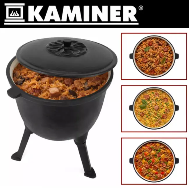 Kaminer Zwarte gietijzeren kookketel 8 liter met deksel en poten voor kampvuur en tuin