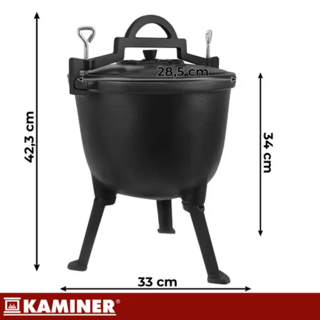 Kaminer Zwarte gietijzeren kookketel 8 liter met deksel en poten voor kampvuur en tuin