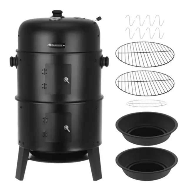 Kaminer Zwarte BBQ  houtskool grill smoker 80 cm met 2 roosters en 8 haken voor barbecu