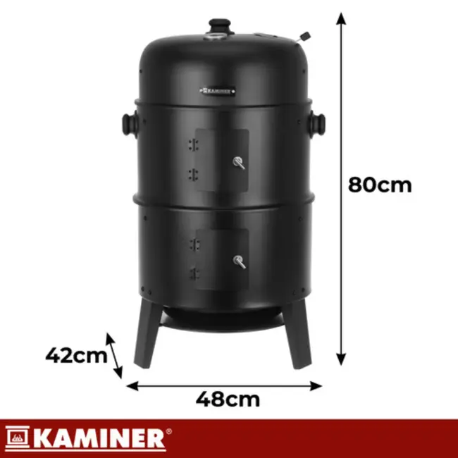 Kaminer Zwarte BBQ  houtskool grill smoker 80 cm met 2 roosters en 8 haken voor barbecu