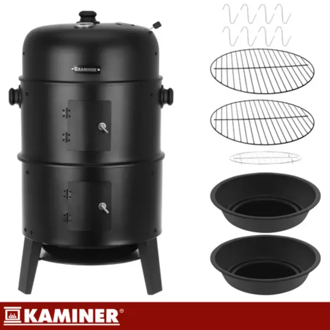 Kaminer Zwarte BBQ  houtskool grill smoker 80 cm met 2 roosters en 8 haken voor barbecu