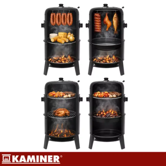 Kaminer Zwarte BBQ  houtskool grill smoker 80 cm met 2 roosters en 8 haken voor barbecu